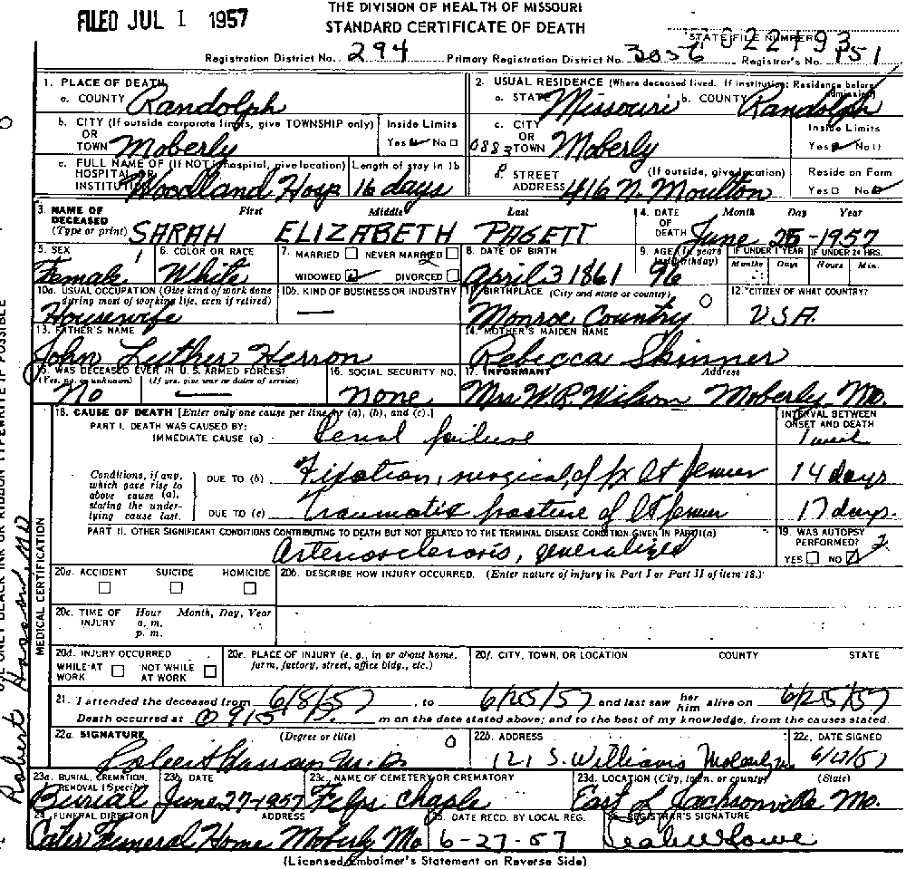 Death Certificate of Pagett, Sarah Elizabeth Herron (Herring)