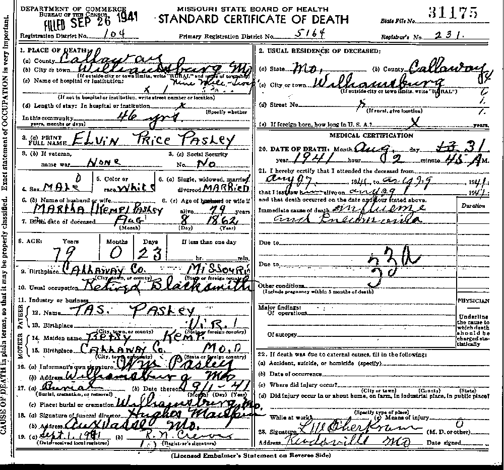 Death Certificate of Pasley, Elvin Price
