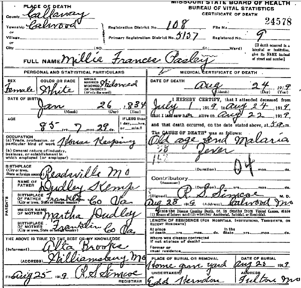 Death certificate of Pasley, Millie F. Kemp