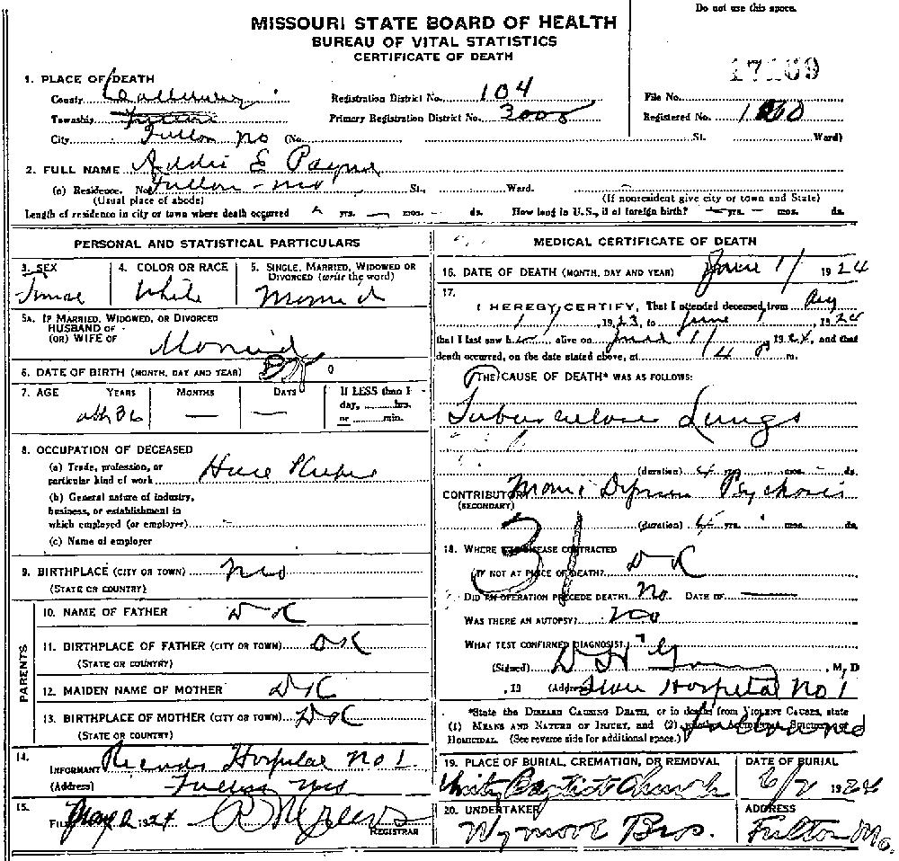 Death Certificate of Payne, Addie E. Kemp