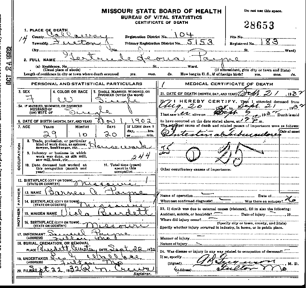 Death Certificate of Payne, Gertrude Leona