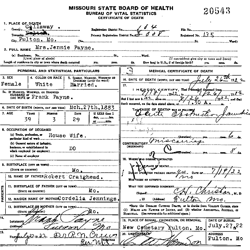 Death Certificate of Payne, Jane Craighead
