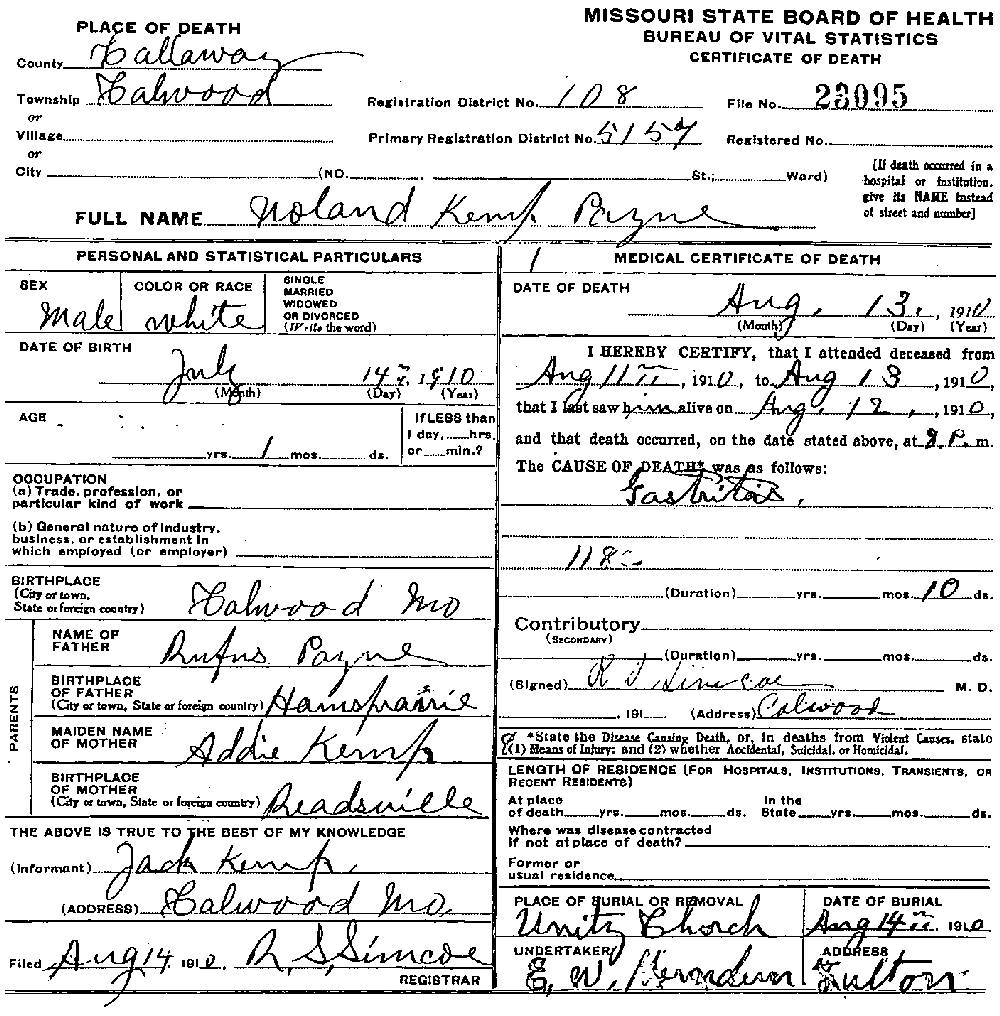 Death Certificate of Payne, Nolan Kemp