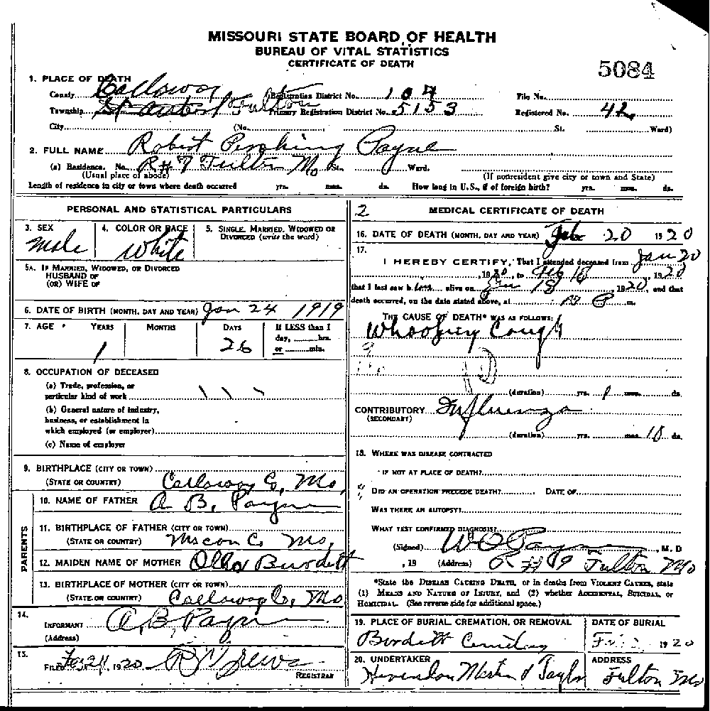 Death Certificate of Payne, Robert Pershing