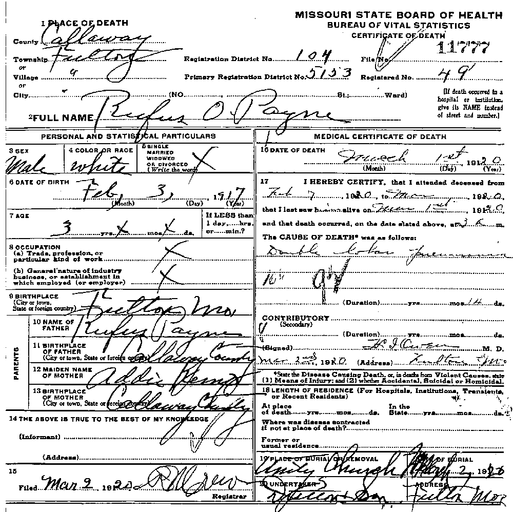 Death Certificate of Payne, Rufus O.