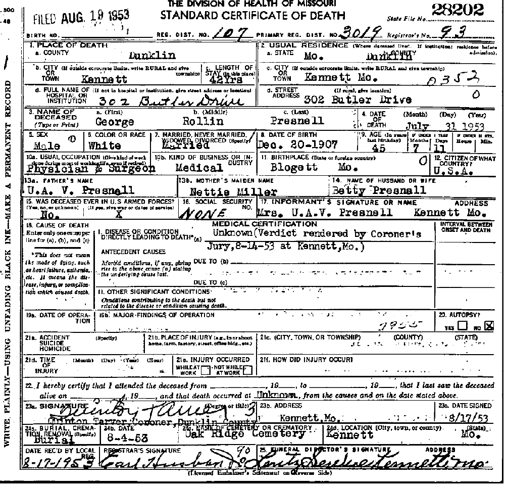 Death Certificate of Presnell, George Rollin