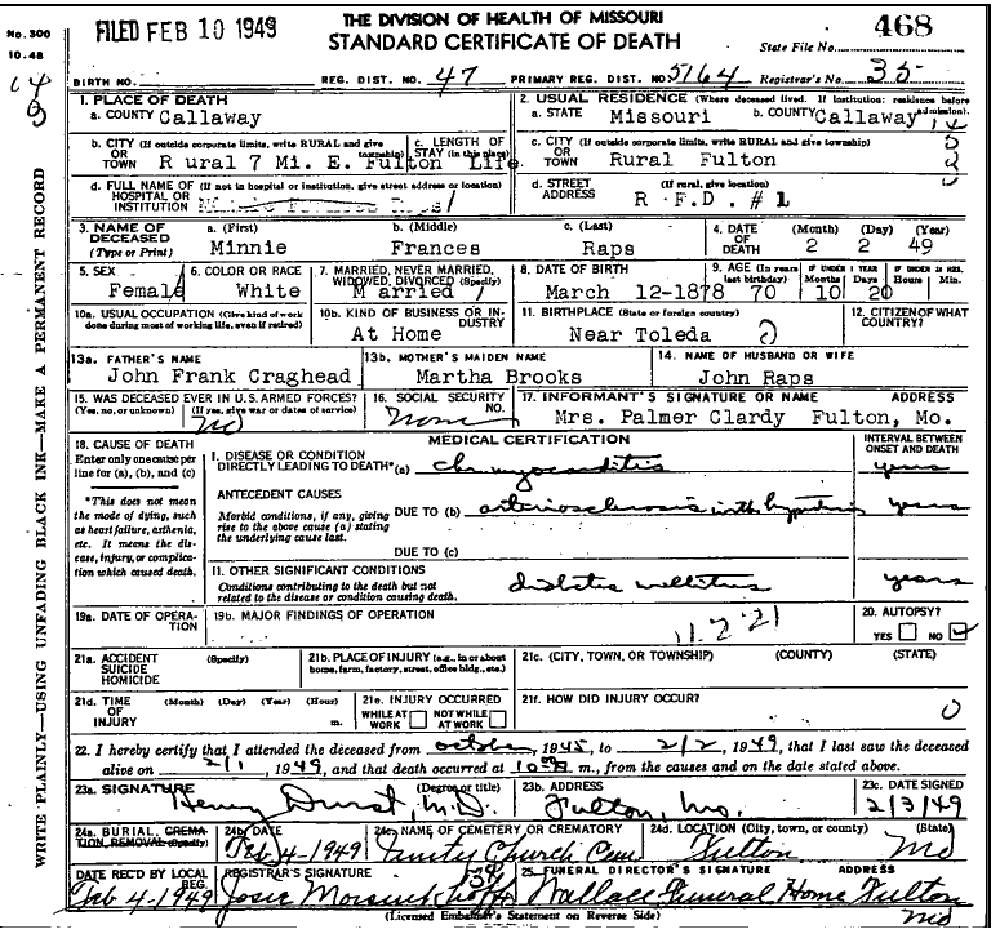Death certificate of Rapps, Minnie Frances Craghead