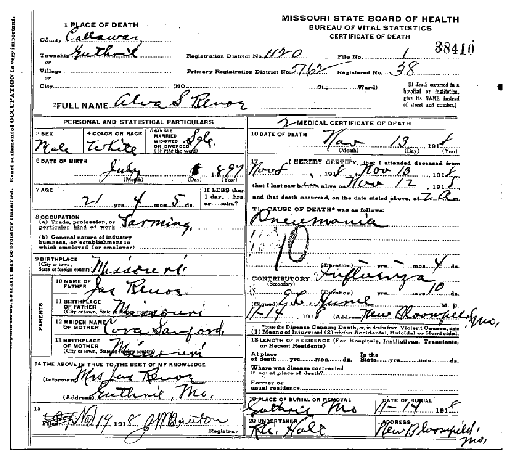 Death certificate of Renoe, Alva S.