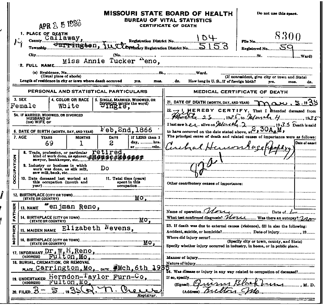 Death Certificate of Renoe, Annie Tucker