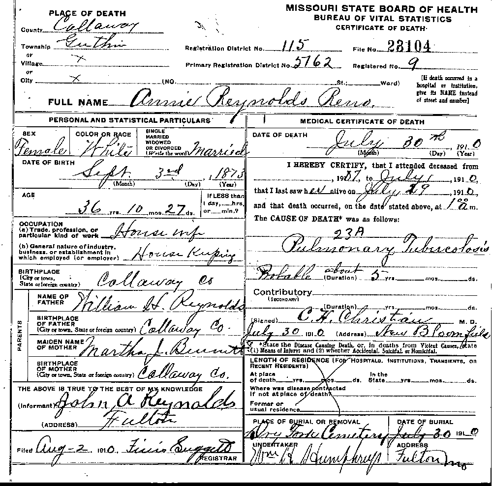 Death Certificate of Renoe, Annie E. Reynolds