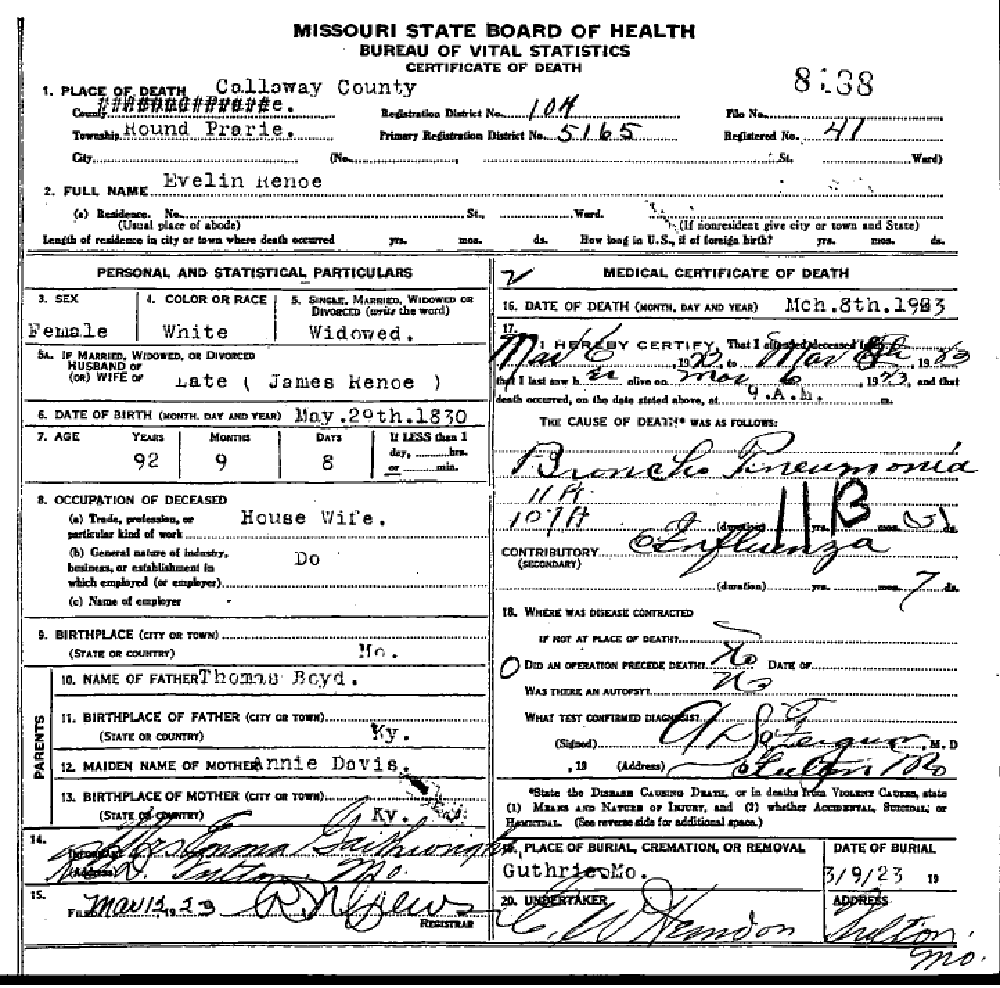 Death certificate of Renoe, Evaline Boyd