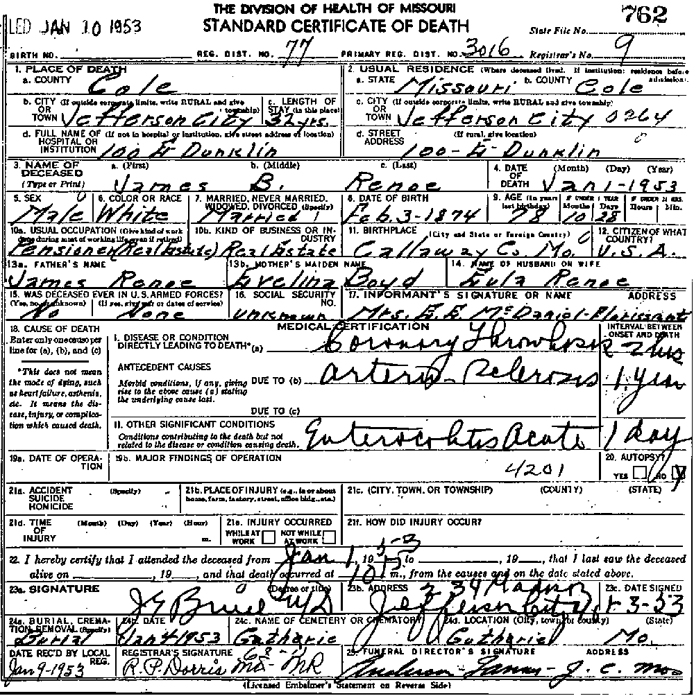 Death Certificate of Renoe, James B.