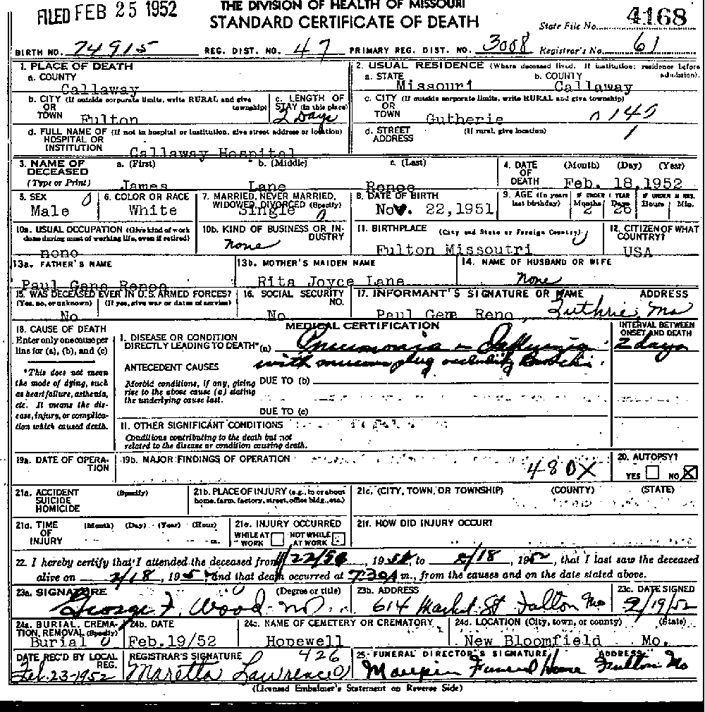 Death Certificate of Renoe, James Lane