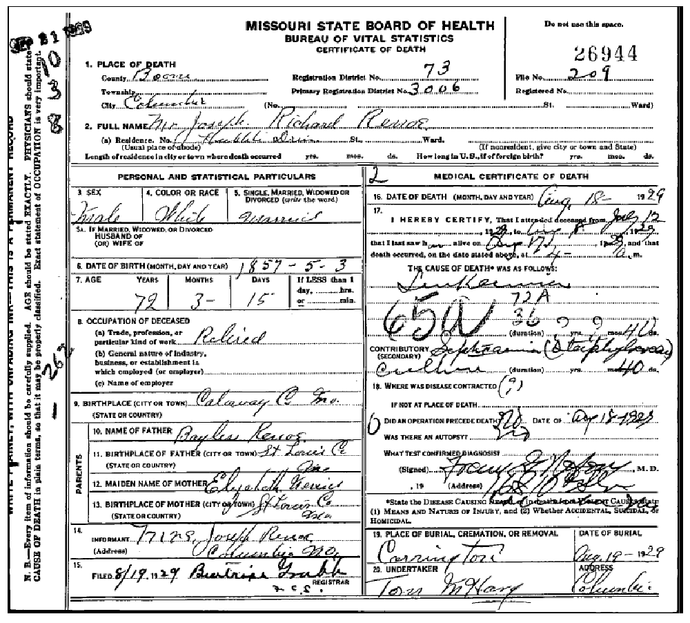 Death certificate of Renoe, Joseph Richard