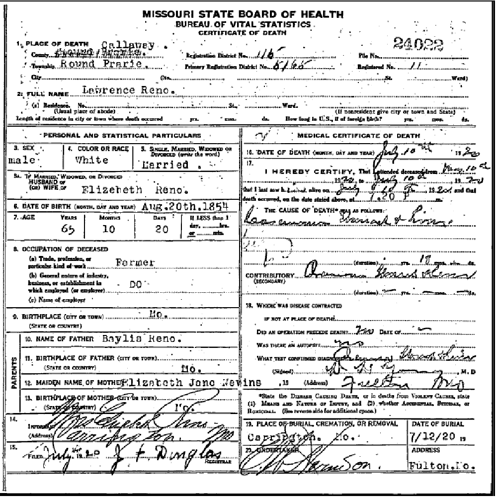 Death certificate of Renoe, Lawrence E.