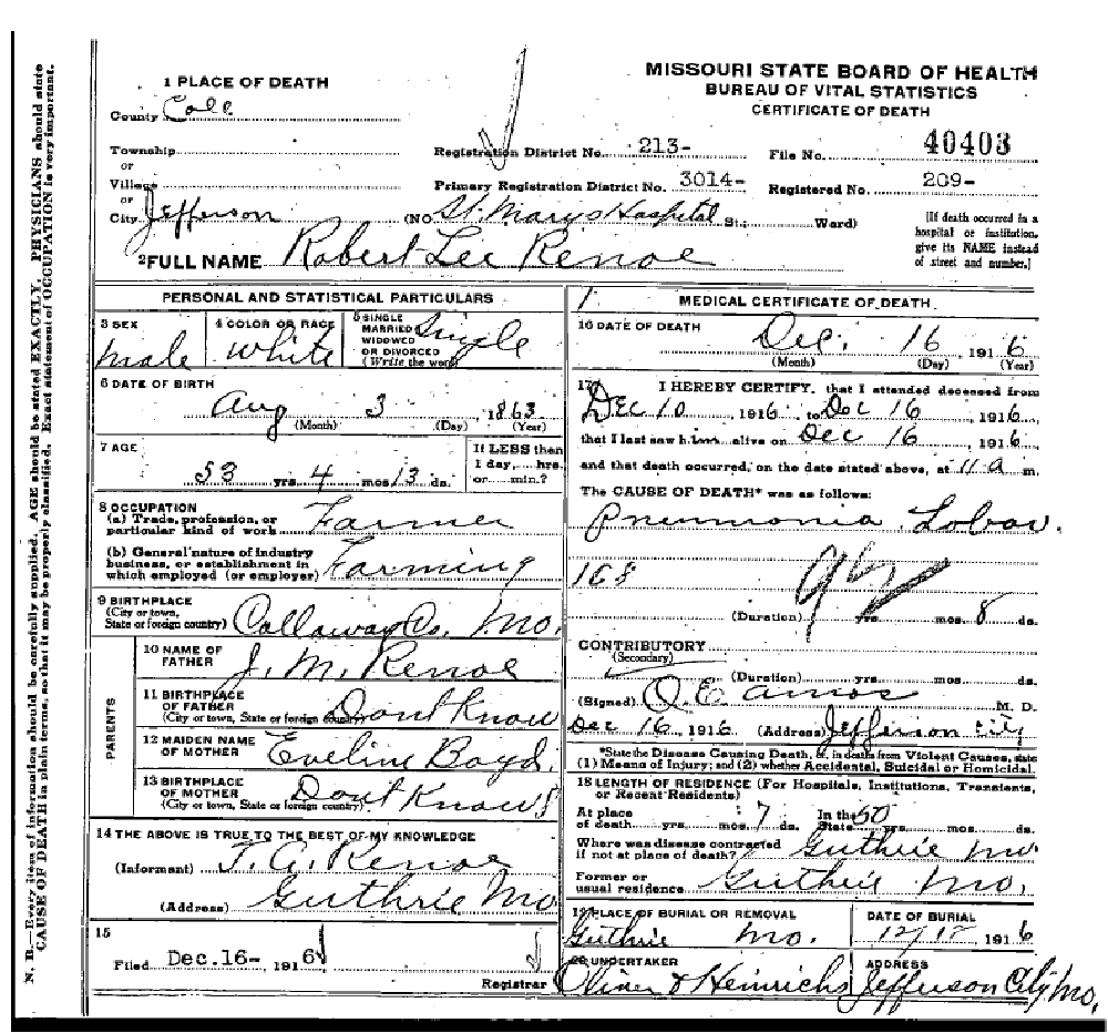 Death certificate of Renoe, Robert L.