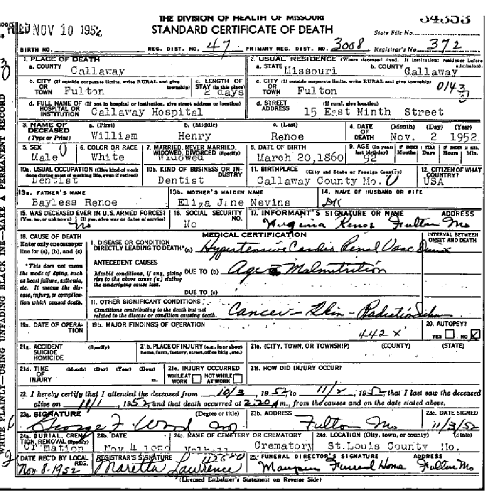 Death certificate of Renoe, William Henry, Dr.