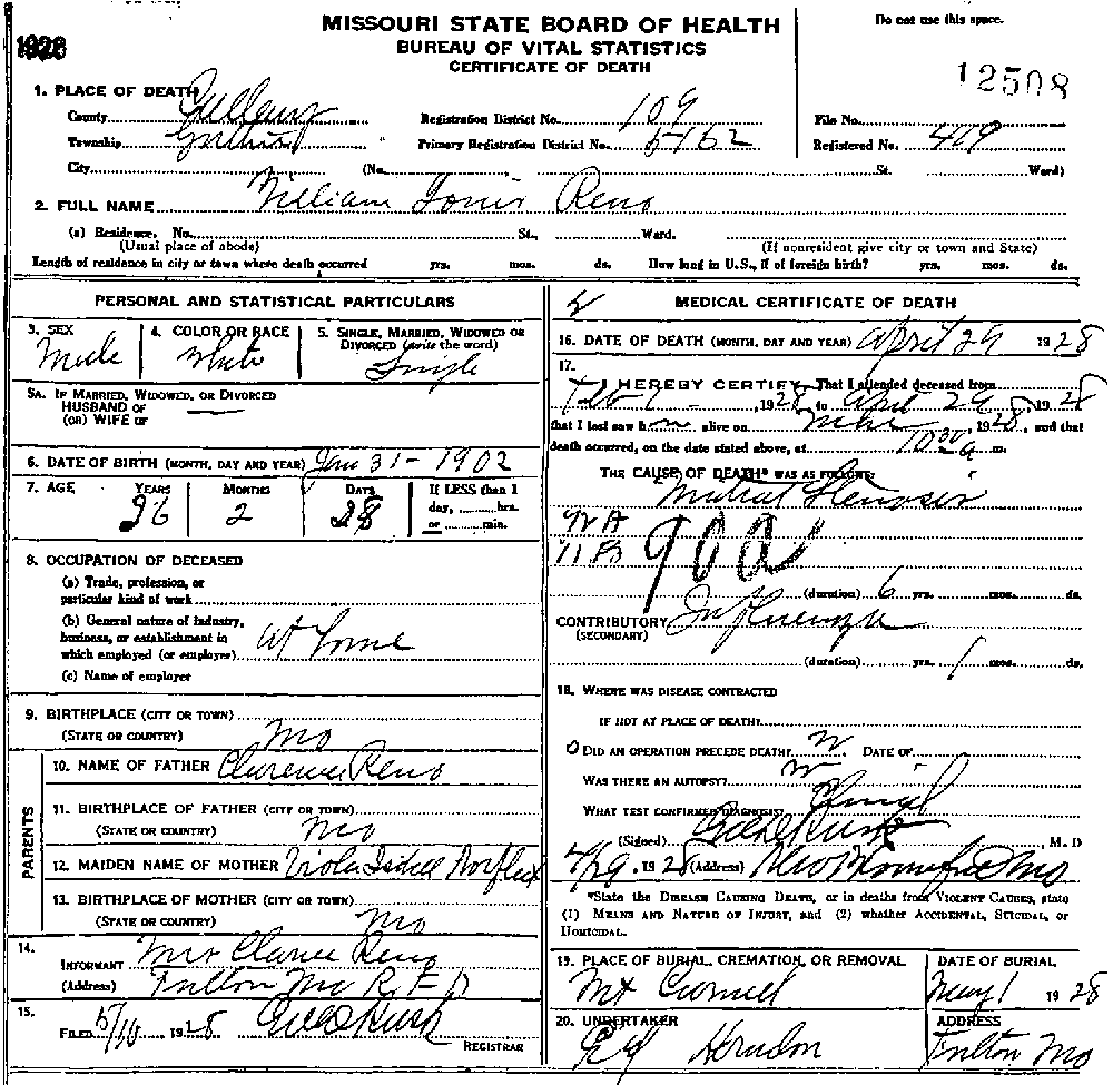 Death Certificate of Renoe, William Lewis