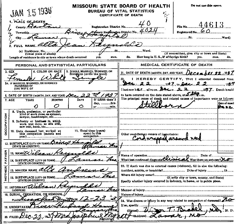 Death Certificate of Reynolds, Alta Jean