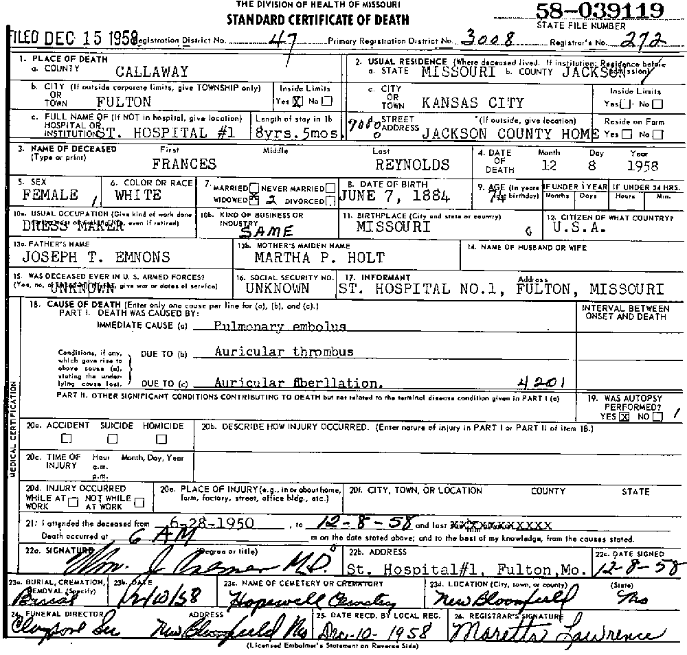 Death Certificate of Reynolds, Frances Emmons