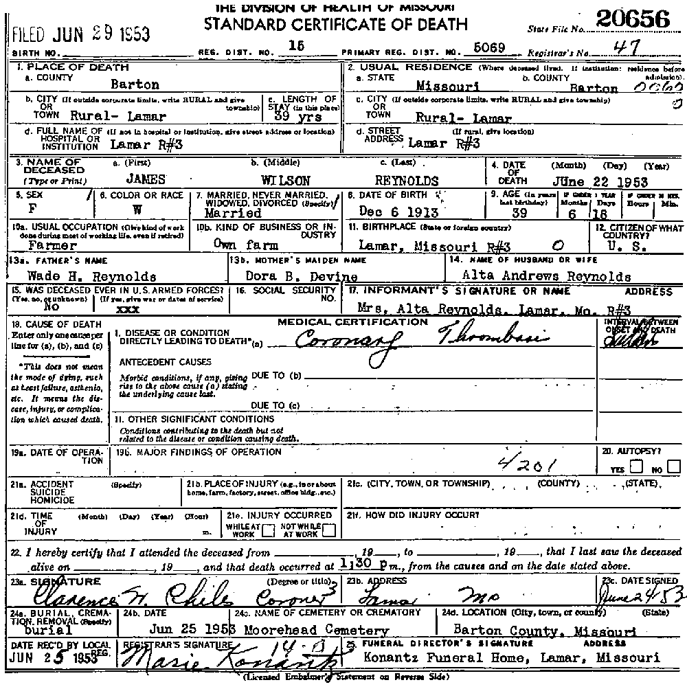 Death Certificate of Reynolds, James Wilson
