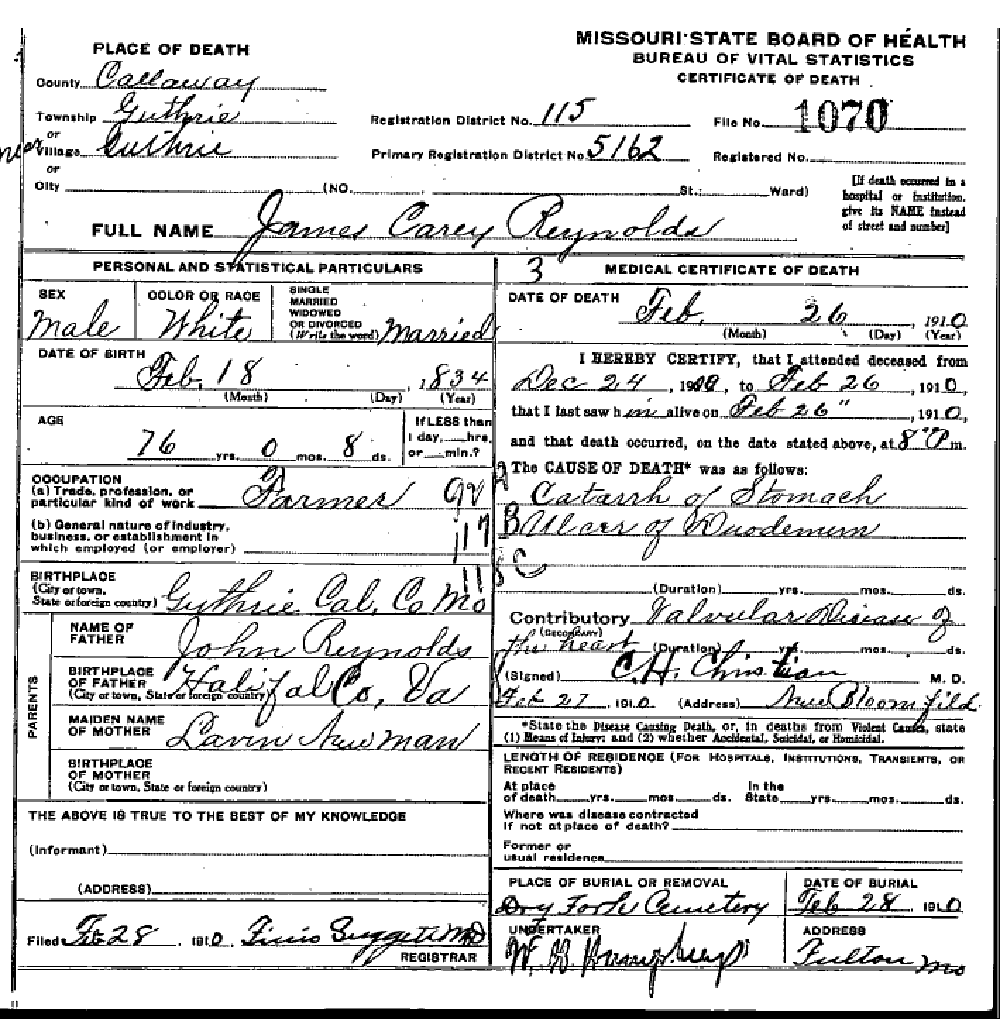 Death certificate of Reynolds, James Carey