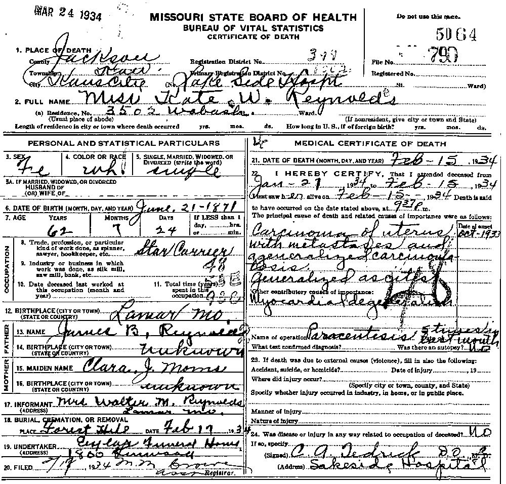 Death Certificate of Reynolds, Kate W.