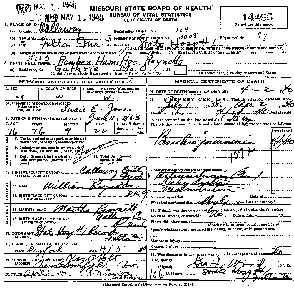 Death Certificate of Reynolds, Reuben Hamilton