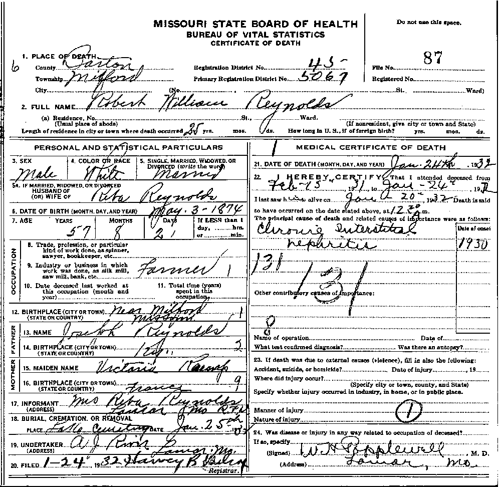 Death Certificate of Reynolds, Robert William