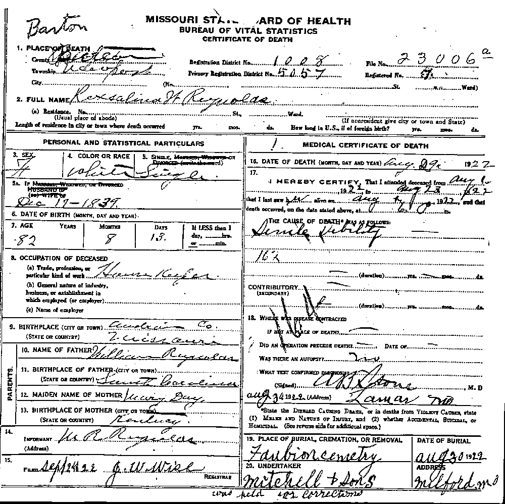 Death Certificate of Reynolds, Roxalina W.