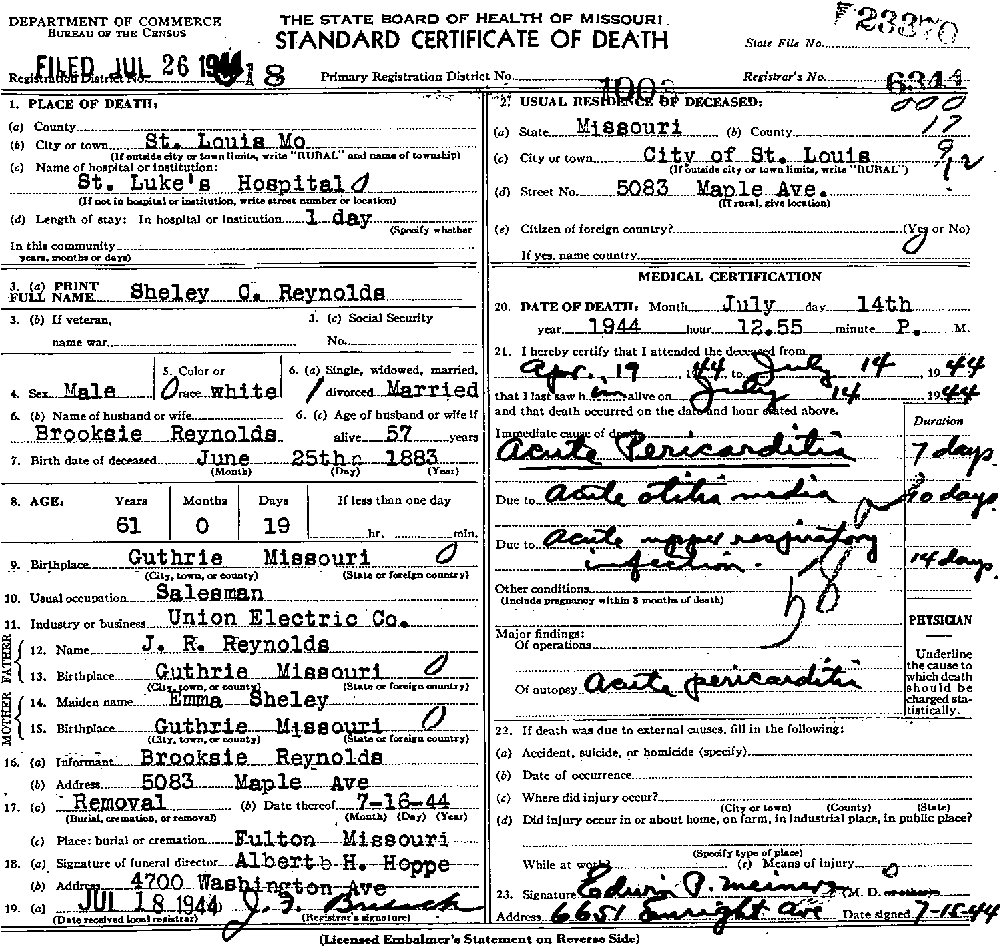 Death Certificate of Reynolds, Sheley C.