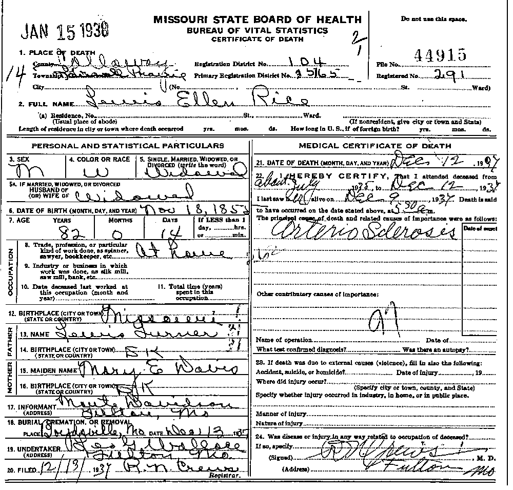 Death Certificate of Rice, Lewis Ellen Turner