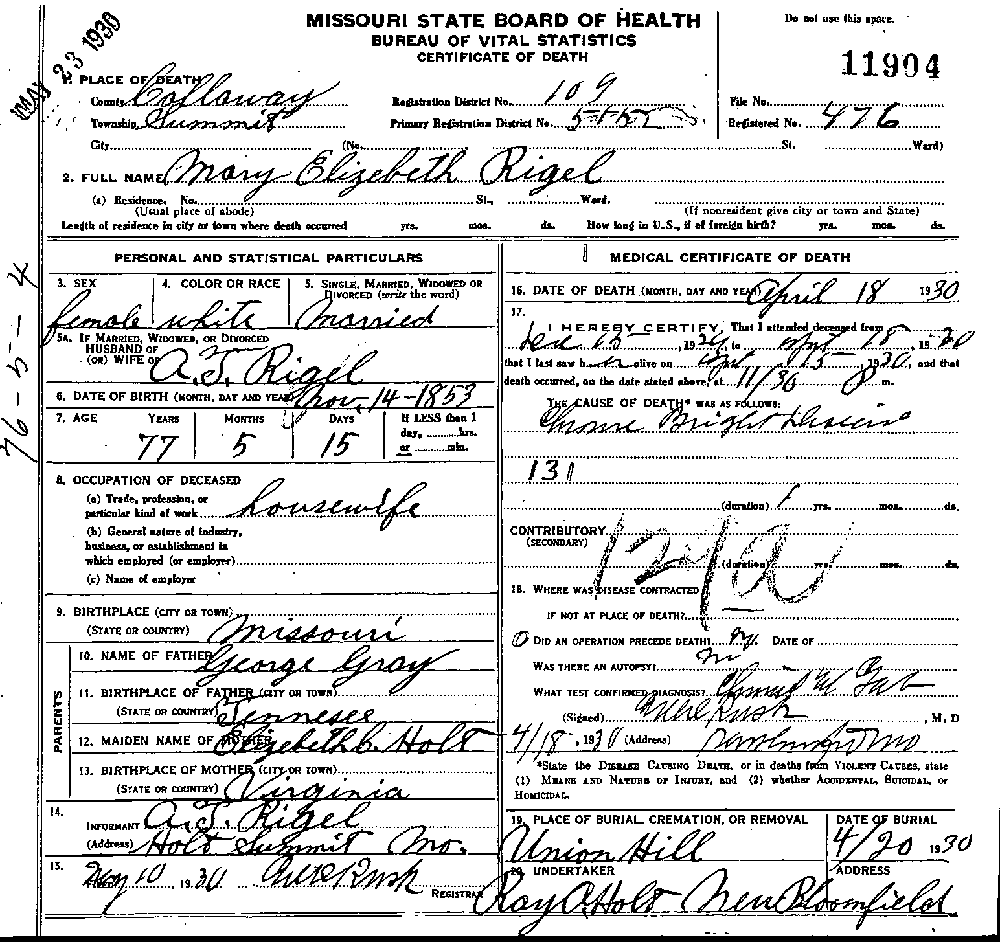 Death Certificate of Rigel, Mary Elizabeth Gray