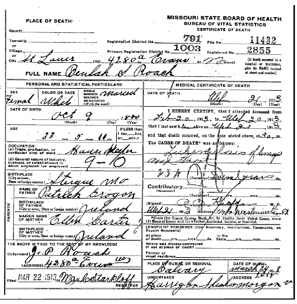 Death certificate of Roach, Beulah S. Grogan