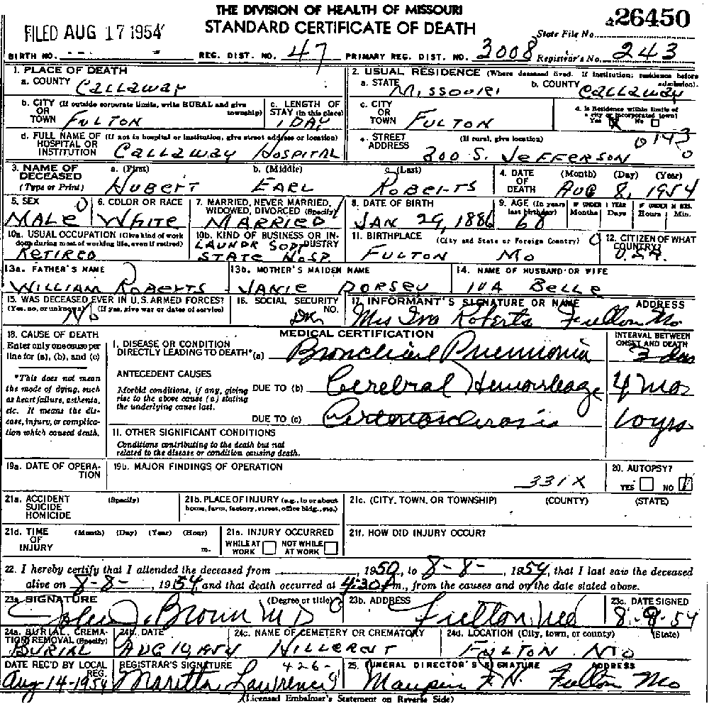 Death Certificate of Roberts, Earl Hubert