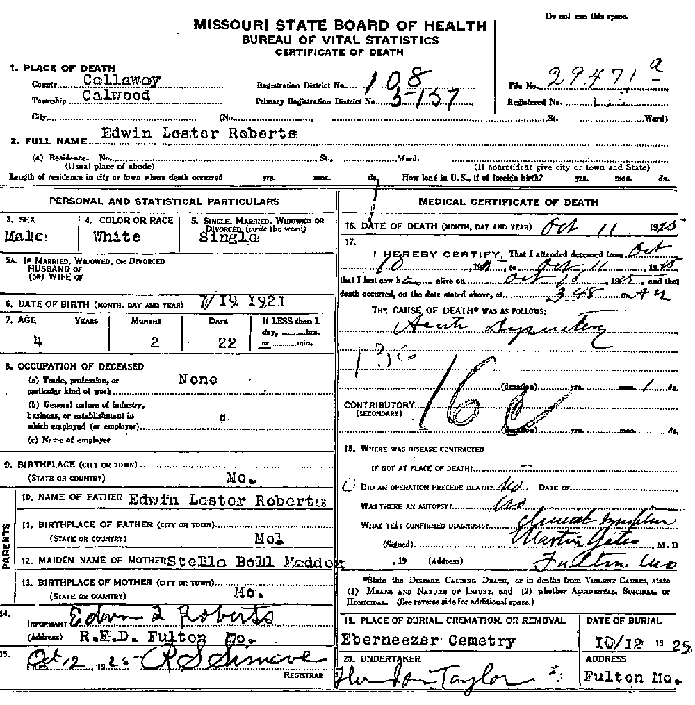 Death Certificate of Roberts, Edwin Lester Jr.