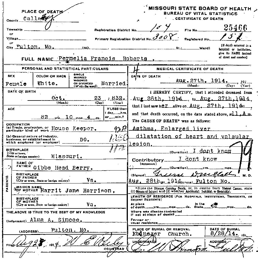 Death Certificate of Roberts, Parmelia Frances Berry