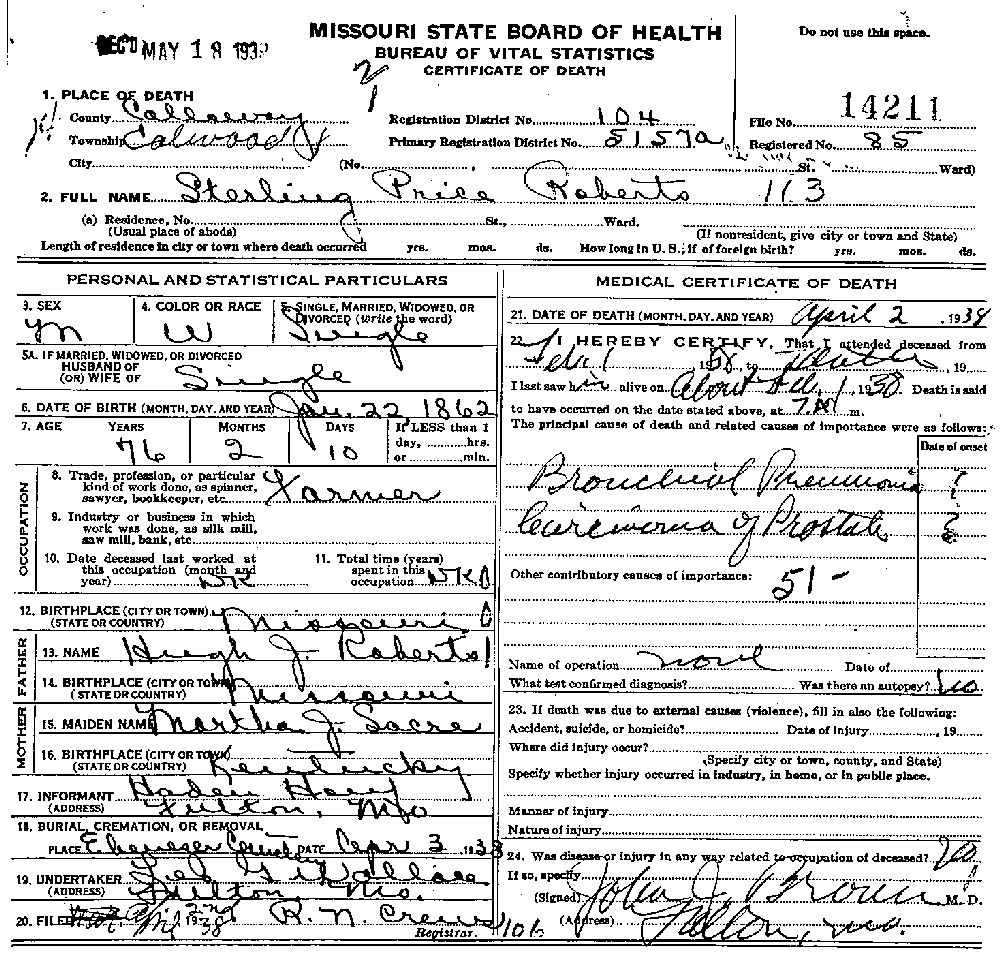 Death Certificate of Roberts, Sterling Price