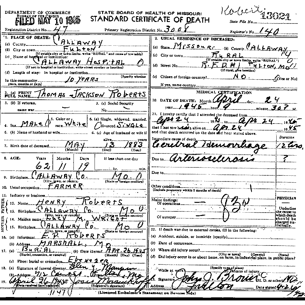 Death Certificate of Roberts, Thomas Jackson