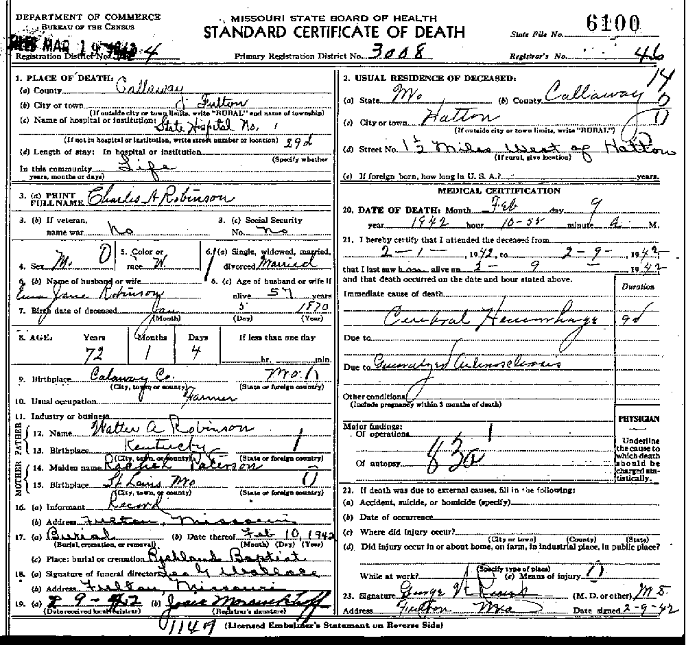 Death Certificate of Robinson, Charles A.
