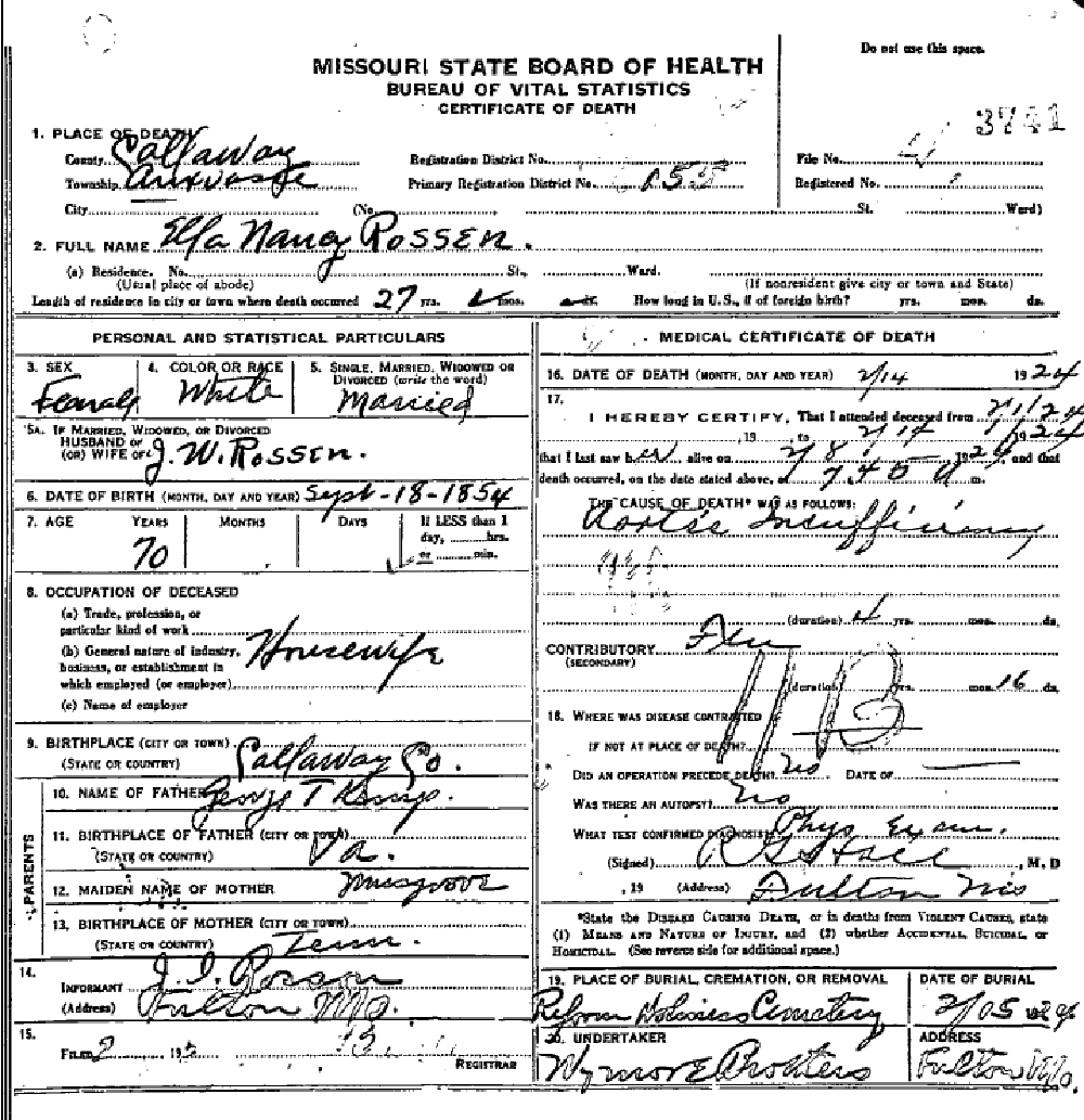 Death certificate of Rosson, Ella Nancy Kemp