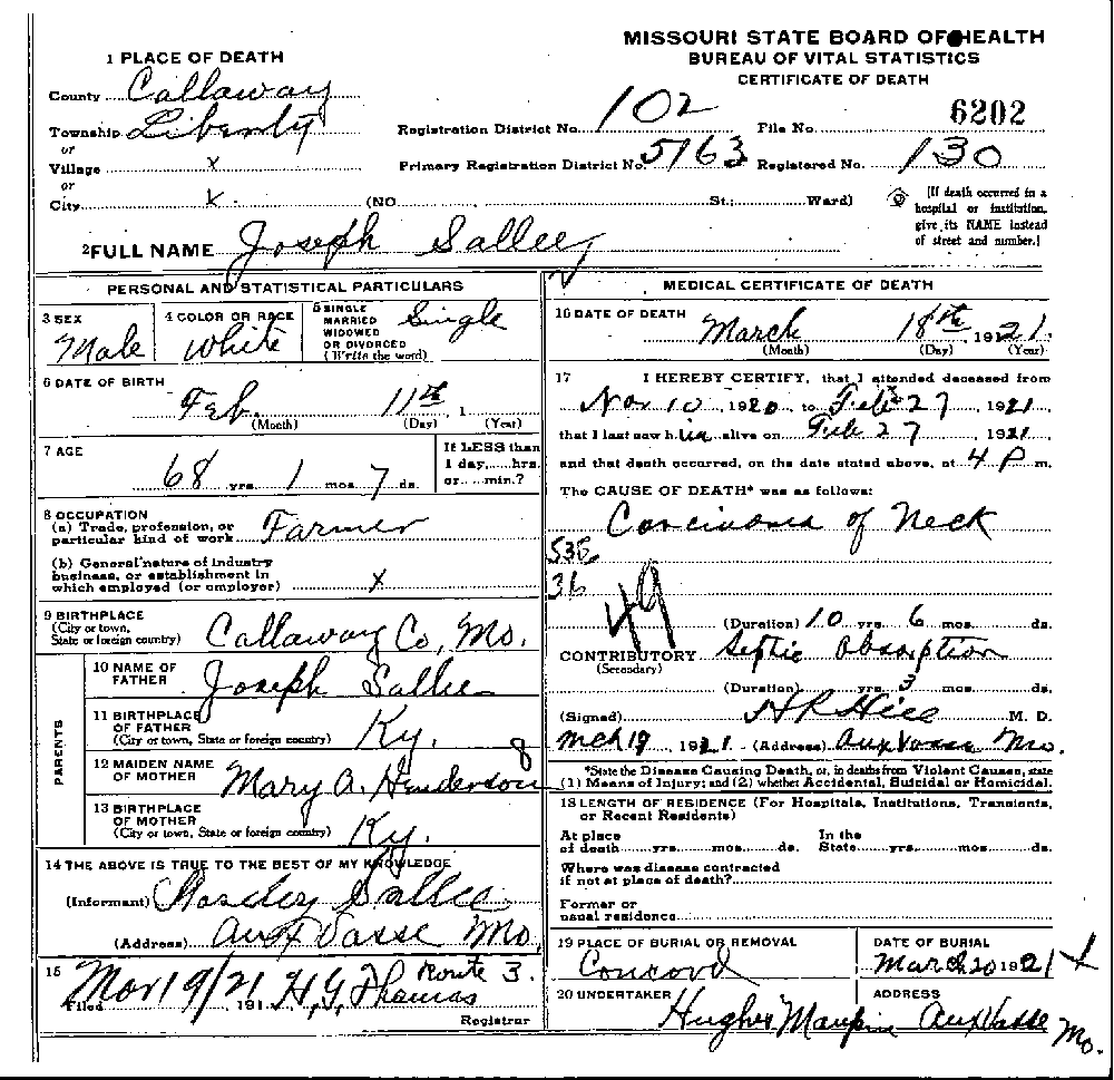 Death Certificate of Sallee, Joseph