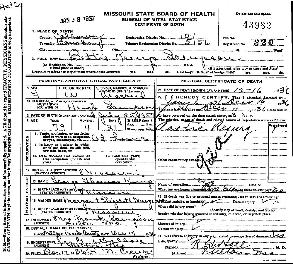 Death Certificate of Sampson, Elizabeth Ann Kemp