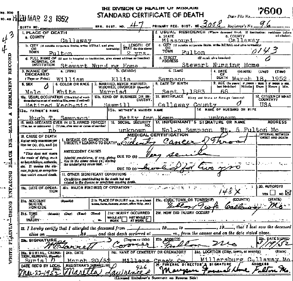 Death Certificate of Sampson, William Ellis
