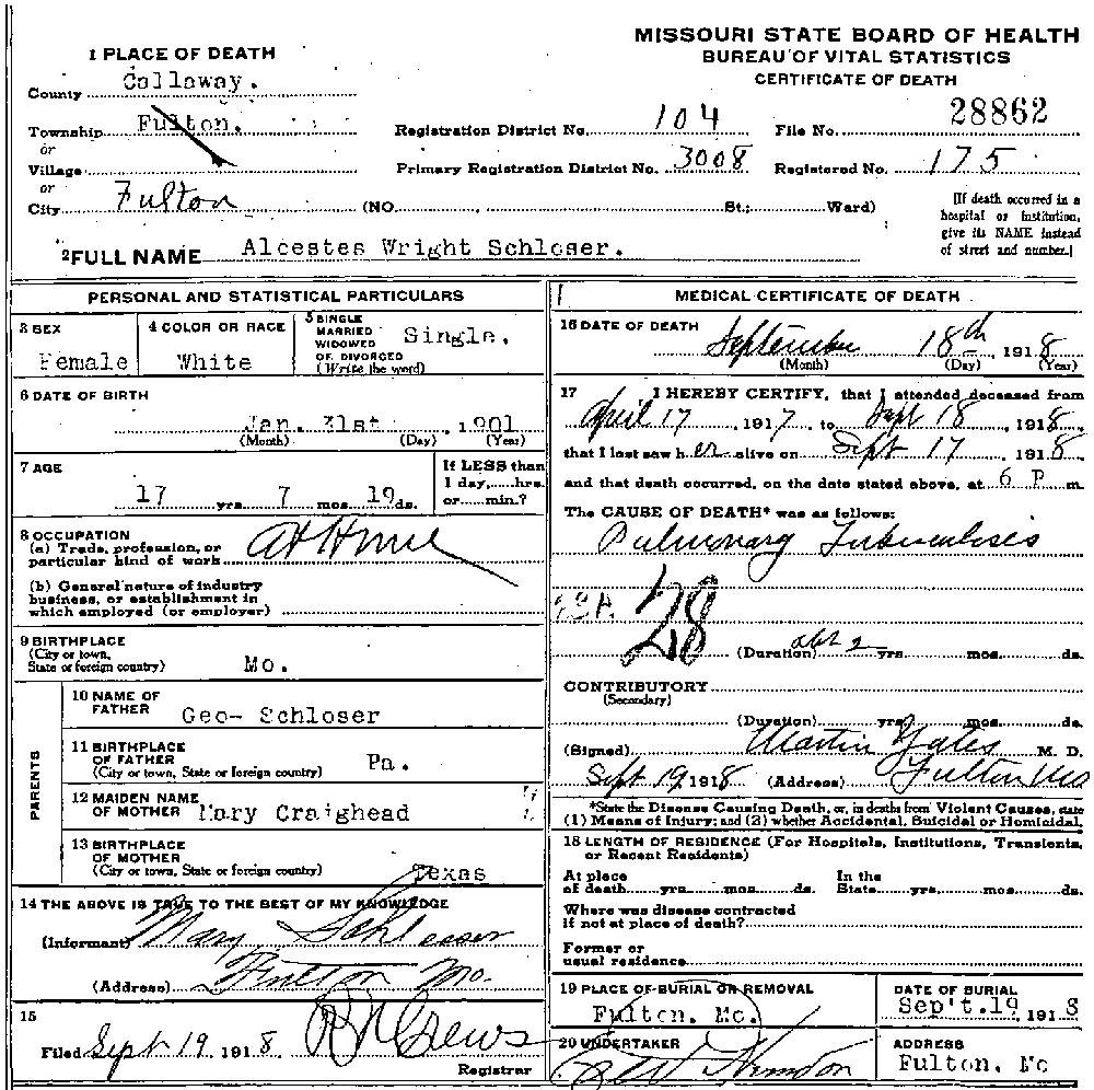 Death Certificate of Schlosser, Alcestis Wright