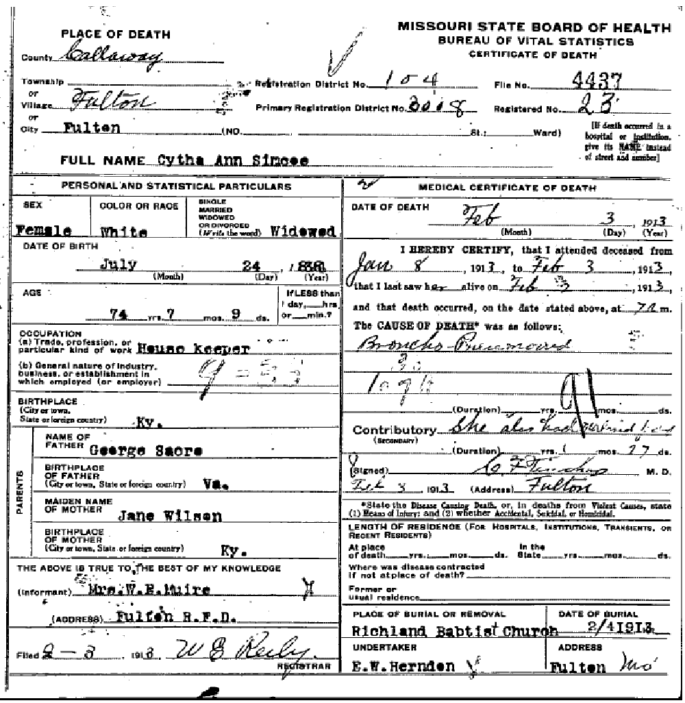 Death certificate of Simco, Cynthia Ann Sacre