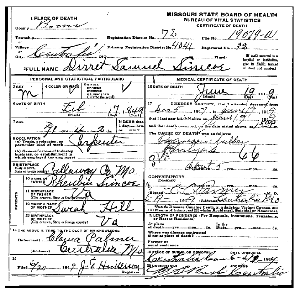Death certificate of Simco, Derrett Samuel