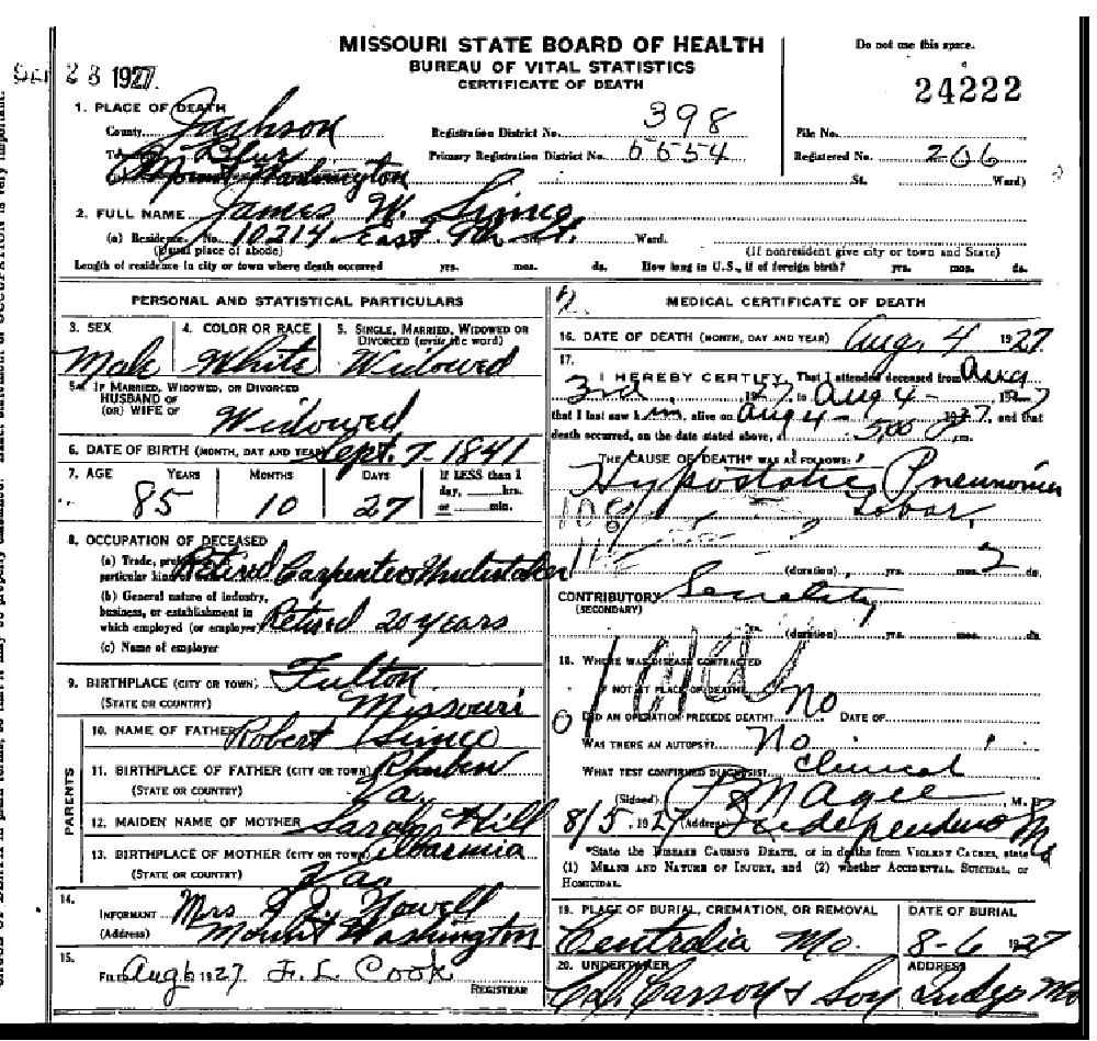 Death certificate of Simco, James W.