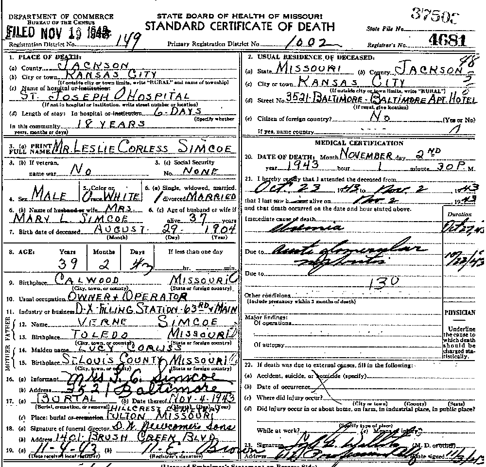 Death Certificate of Simco, Leslie Corless