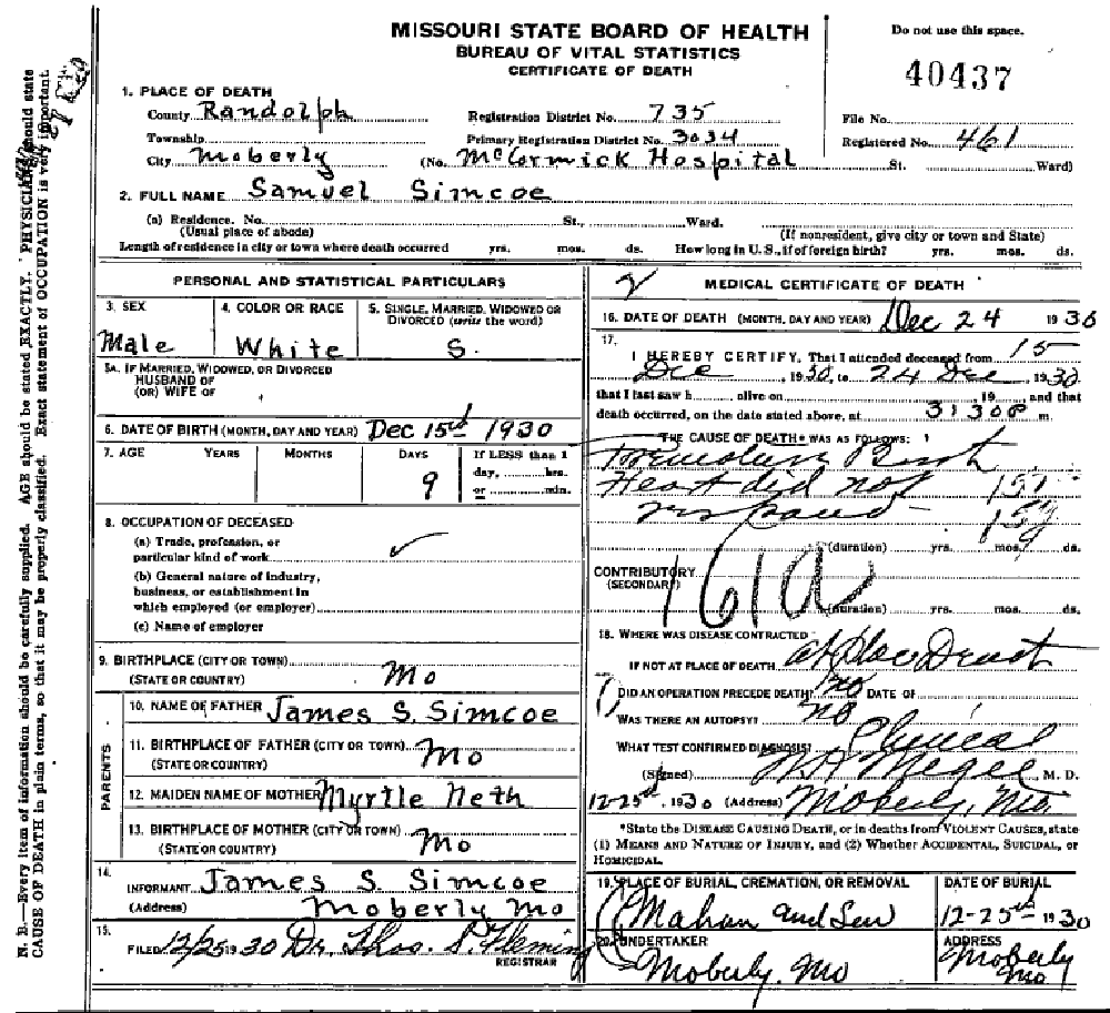 Death certificate of Simco, Samuel